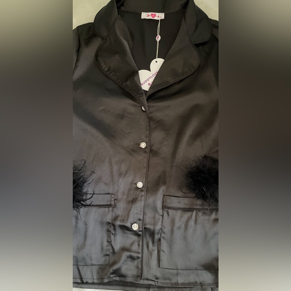 NWT Buddy Love Black Satin Large Pajama Set with Feather Cuffs - Picture 7 of 12